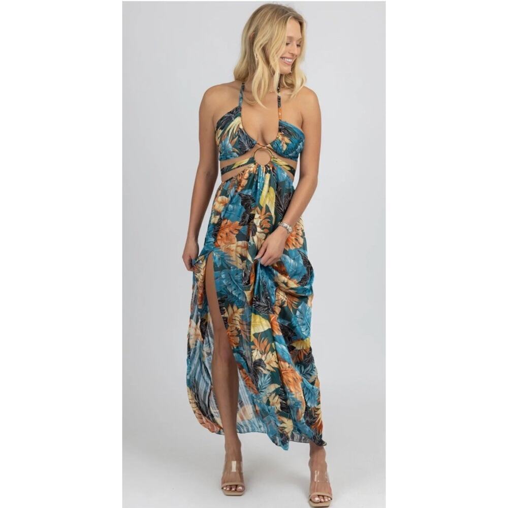 Nwt L'abeye Teal Tropical High Slit Maxi Cover Up M Es — image 2 of 5